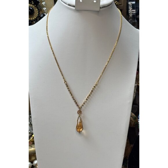 Gold Rhinestone Necklace With Amber Crystal Drop Pendant - Picture 2 of 7